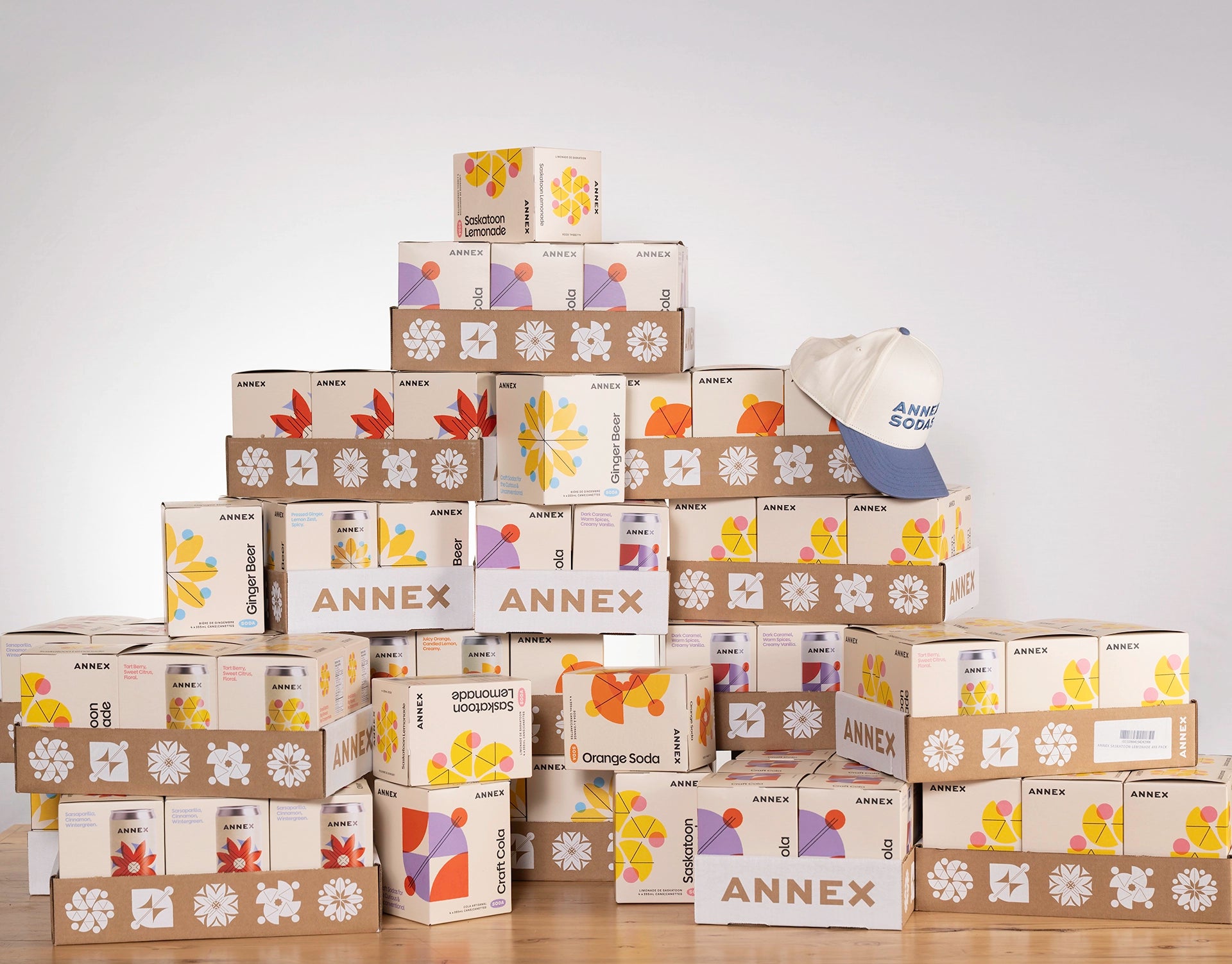 Stack of Annex boxes with a white cap on a light gray background